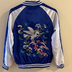 New Lola and the Boys Embroidered Satin Unicorn Bomber Jacket Sz Small